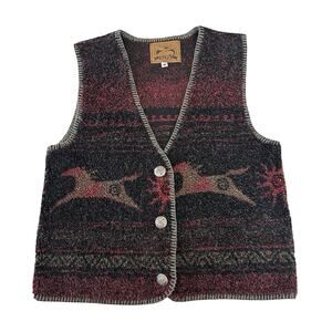 Alps Pile Fleece Button Vest Womens Size M Black & Red Aztec Vintage Made in USA